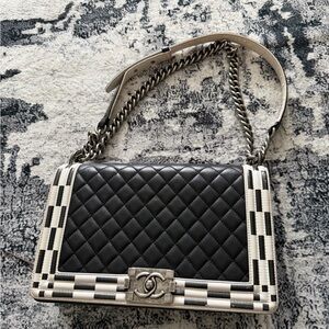 CHANEL Boy Flap Bag Quilted Lambskin New Medium - Black and White Checkered